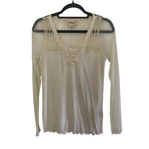 Denim & Supply Ralph Lauren Y2K Ribbed Preppy Henley Top Lace Size L Sheer Cream